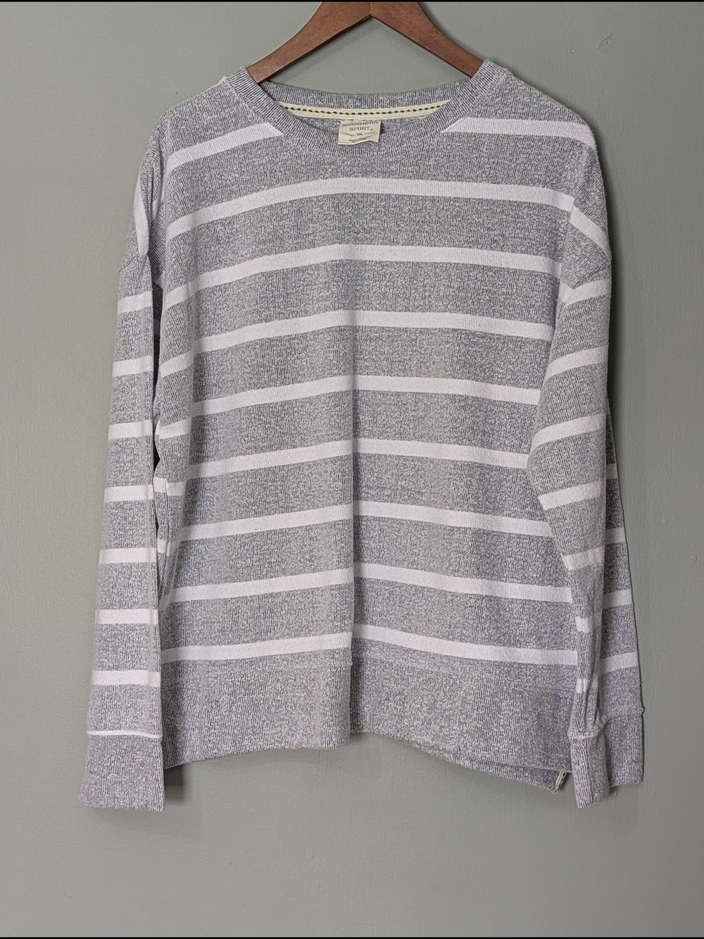 Southern Spirit Women's Crewneck Gray & White Striped Long-Sleeve Sweater